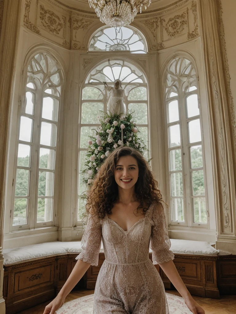 her name is Amelie, high quality, 1girl, ((25-year-old fit Caucasian woman)), ((25 years old)), ((BODY TYPE: HOURGLASS)), ((LONG CURLY HAIR)), SMILING, pose: SEXY POSE, wearing Well-dressed VIOLET LINGERIE VARIETY colored, BACKGROUND: "A grand estate with opulent interiors, antique furniture, and large windows overlooking beautifully manicured gardens."
