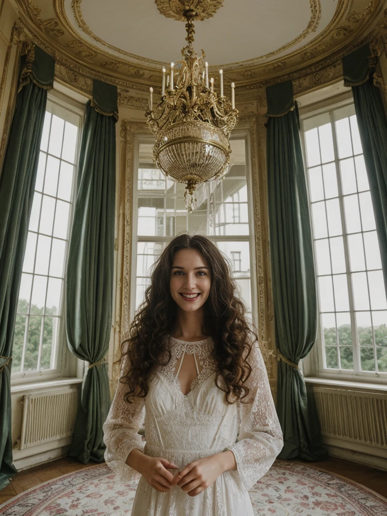 her name is Amelie, high quality, 1girl, ((25-year-old fit Caucasian woman)), ((25 years old)), ((BODY TYPE: HOURGLASS)), ((LONG CURLY HAIR)), SMILING, pose: SEXY POSE, wearing Well-dressed VIOLET LINGERIE VARIETY colored, BACKGROUND: "A grand estate with opulent interiors, antique furniture, and large windows overlooking beautifully manicured gardens."