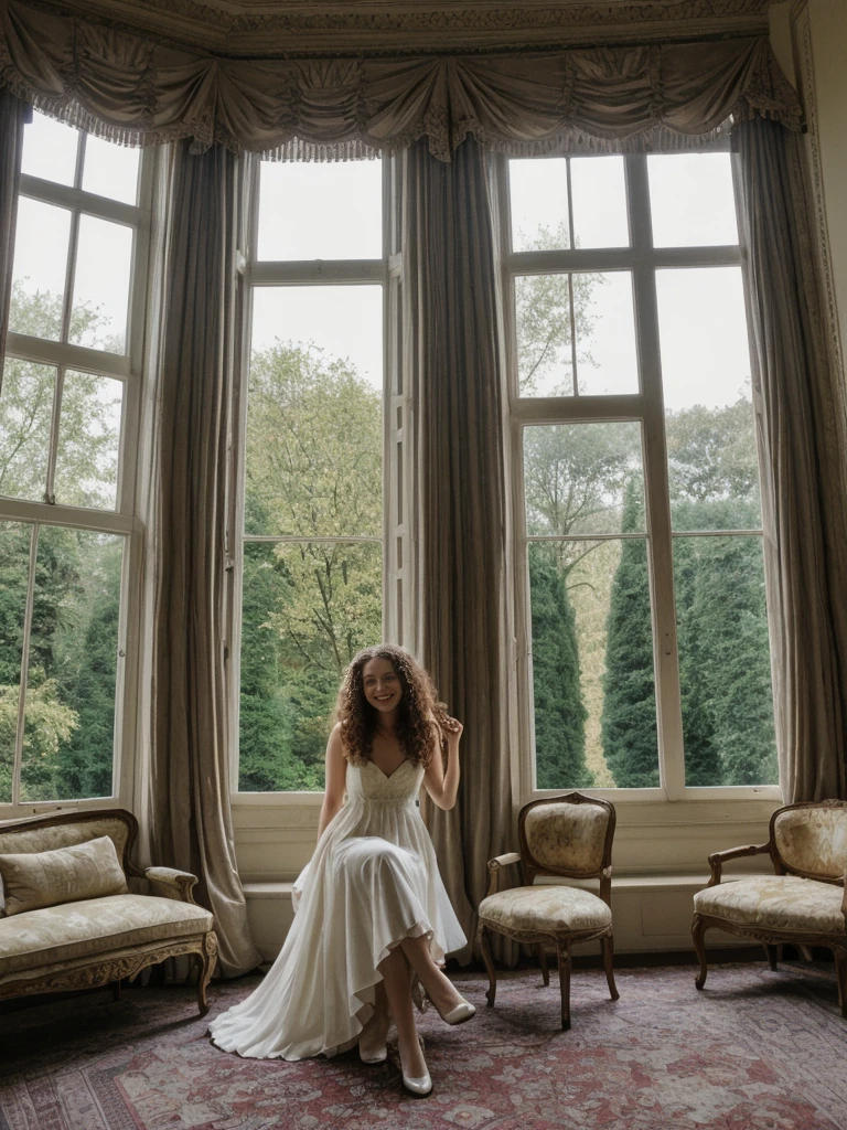 her name is Amelie, high quality, 1girl, ((25-year-old fit Caucasian woman)), ((25 years old)), ((BODY TYPE: HOURGLASS)), ((LONG CURLY HAIR)), SMILING, pose: SEXY POSE, wearing Well-dressed VIOLET LINGERIE VARIETY colored, BACKGROUND: "A grand estate with opulent interiors, antique furniture, and large windows overlooking beautifully manicured gardens."