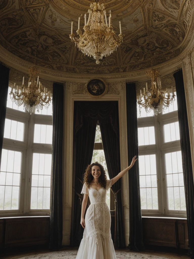 her name is Amelie, high quality, 1girl, ((25-year-old fit Caucasian woman)), ((25 years old)), ((BODY TYPE: HOURGLASS)), ((LONG CURLY HAIR)), SMILING, pose: SEXY POSE, wearing Well-dressed VIOLET LINGERIE VARIETY colored, BACKGROUND: "A grand estate with opulent interiors, antique furniture, and large windows overlooking beautifully manicured gardens."