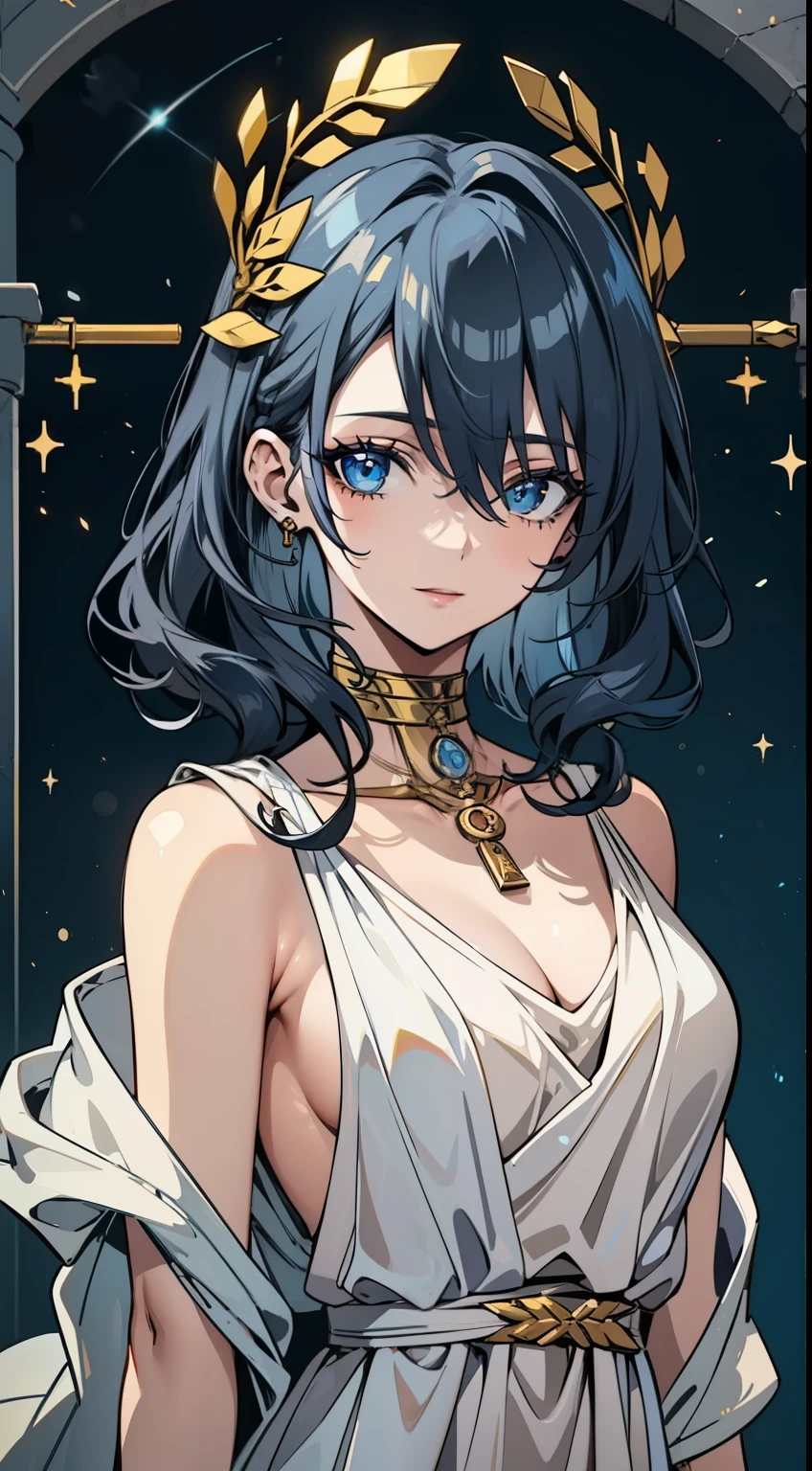 (high qualiy, Breathtaking),(expressive eyes, face perfect) 1 girl, Female, standing alone, grown-up, dark blue hair, white highlights in hair, skin tanned, clear light blue eyes, medium hair length, spiky and fluffy hair, wavy curly hair, black dress with gold details, Tunic, Greek goddess, ancient greek dress, greek clothing, symmetrical eyes, portraite, halfbody, positive expression, fundo cinza, chic, mellow, comely, soft smiling, hair between the eyes, SunsetHuman, collared