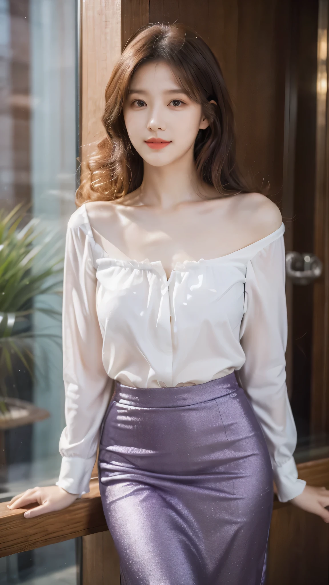 detailed background, masterpiece, best quality, 1 person , curly hair, long hair, purple eyes, star in eye ,  silver shinny Strapless blouse, long  skirt