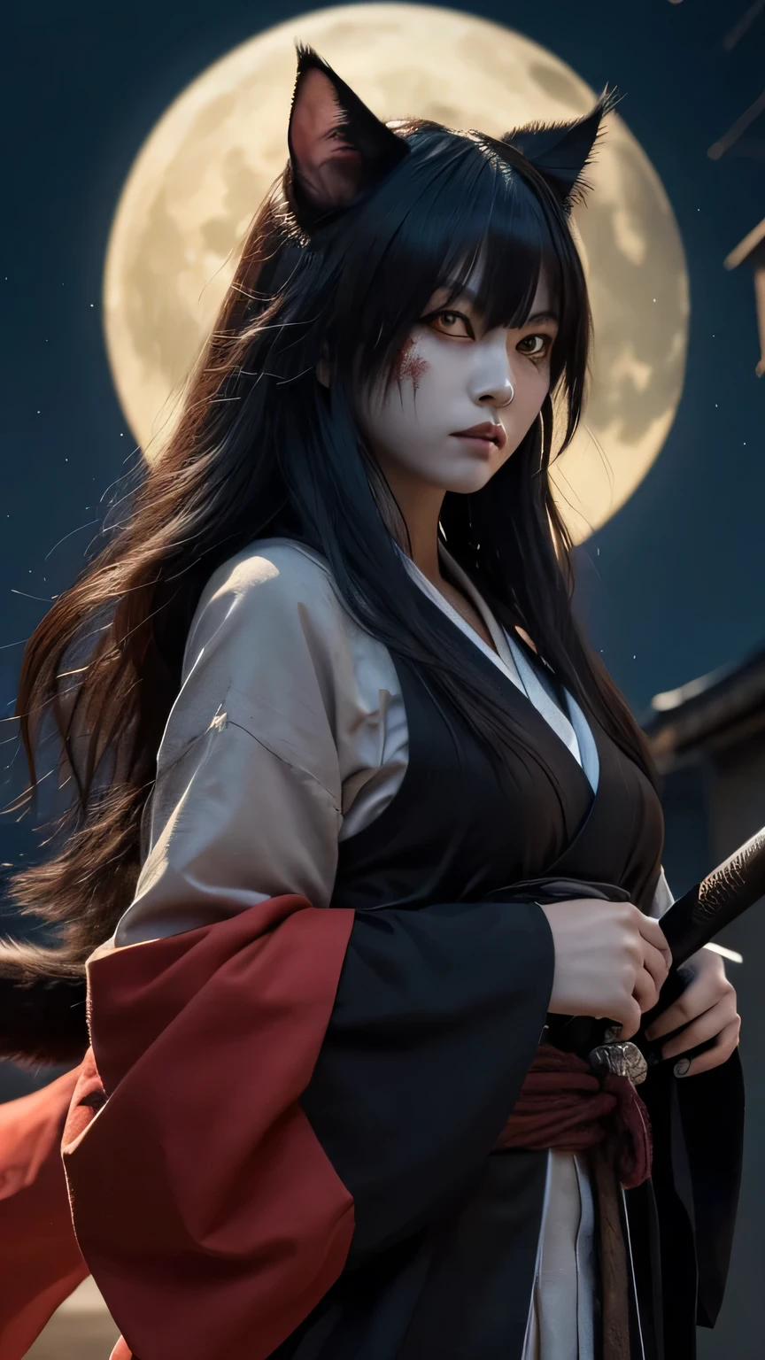 Create an ultra-realistic and terrifying depiction of a female Bakeneko, a Japanese yokai in the form of a supernatural cat-woman, wielding a katana. She has glowing, malevolent yellow eyes that pierce through the darkness. Her hair is long, black, and wild, blending seamlessly into her matted, dark fur. Her skin is pale and ghostly, with patches of decaying flesh visible beneath the fur. She has elongated, sharp claws and fangs. Her posture is fierce and predatory, ready to strike, with a split tail that moves independently, adding to her eerie presence. She is dressed in tattered, traditional Japanese battle attire. The background features a desolate, haunted Japanese village under a full moon, with dense mist and twisted, shadowy trees. The atmosphere is filled with an eerie, supernatural glow, enhancing the sense of horror. She is in a combat stance, brandishing a blood-stained katana, surrounded by swirling shadows and ghostly figures.