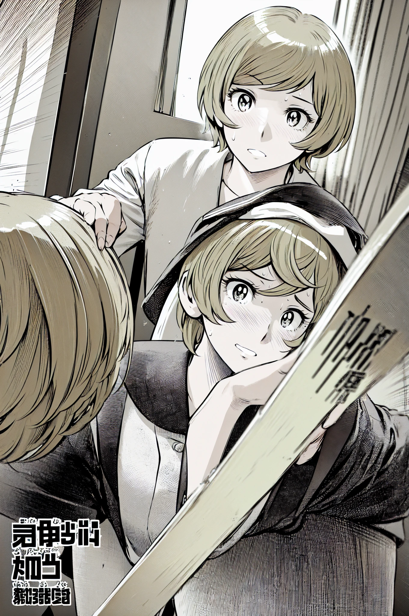 、(masterpiece、Highest quality)、Highest quality, Ultra-high resolution, (((masterpiece))), alone, Sweat、Big eyes, Composition from the front、Shortcuts、Embarrassed face、Blonde、Cut your hair short、Monochrome、Pencil drawing、School classroom、Sailor suit、uniform、skirt、short hair