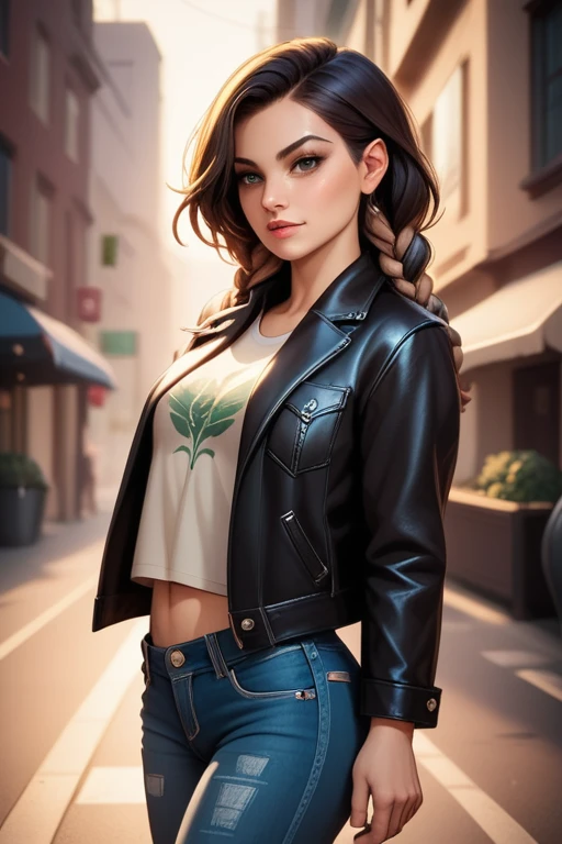 Woman with an athletic and toned physique; striking features with high cheekbones; green eyes; long, dark hair often styled in intricate braids; 'light olive' skin; best quality; trending on artstation; complex volumetric lighting; strong shadows; artistic lighting; dynamic; energetic vibe; realistic skin; specular highlights; micro-textures; highly detailed hair; posing confidently by the city docks; leather jacket; gang leader; denim jeans