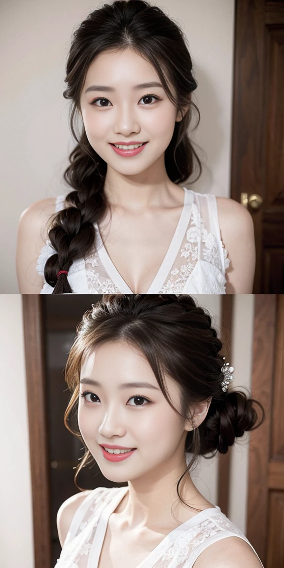 8K picture quality、high resolution、Realistic skin texture、high resolutionの瞳、Miss、日本夏季办公室Miss、Sleeveless knitted shirt、Princess hairstyle、Thin、、Large Breasts、Large Breastsの谷間、(a charming smile:1.2), Brown hair、Thin脚、Large target、Sweat accumulates on the chest、roof、Comb your hair up