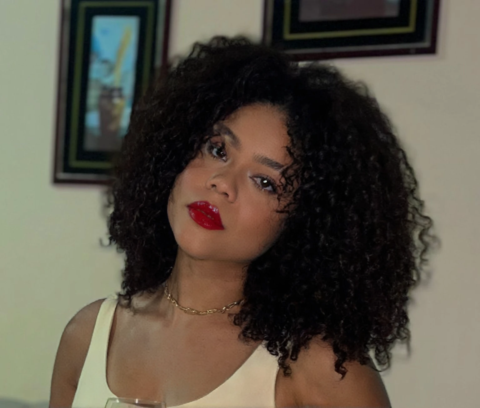 there is a woman with a glass of wine in her hand, Crespo afro, profile image, with afro, Crespo haired, tessa thompson inspired, black Crespo hair, your face framed by curls, headshot foto perfil, thick red lips, Crespo hair, foto perfil, Crespo, Natural hair, portrait in the middle of the scene, photo of a black woman, Black and white profile photo
