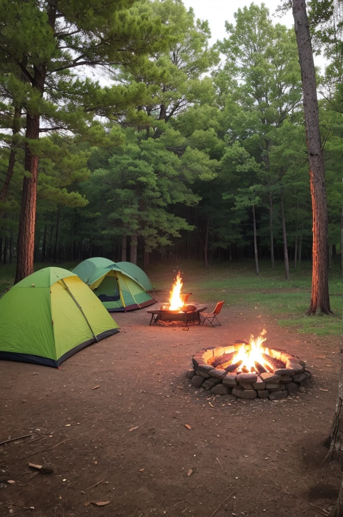 I want a campsite with several trees, a cherry tree and Paraná pine campfire 