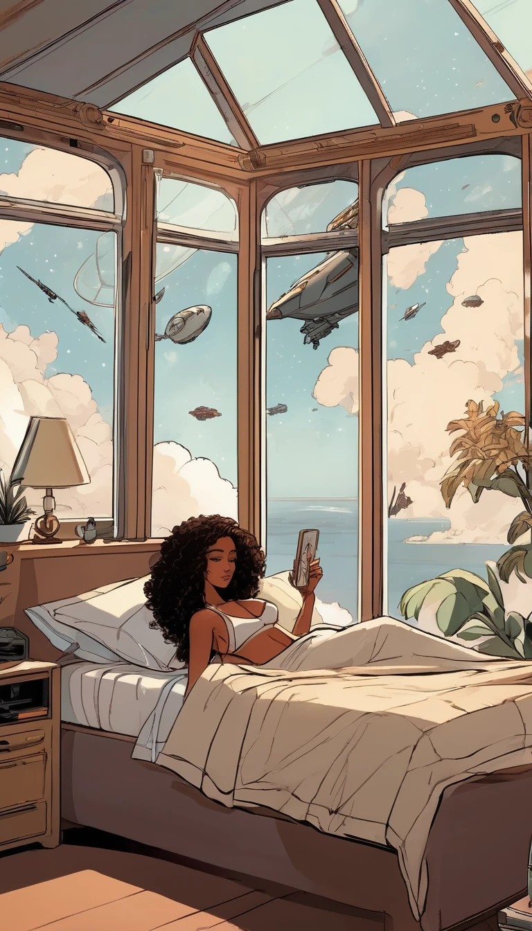 give me an image of a in her bedroom,brown curly hair, brown skin, surpraised and a little alien smaller tan her hand, stacionated with his space ship in her window