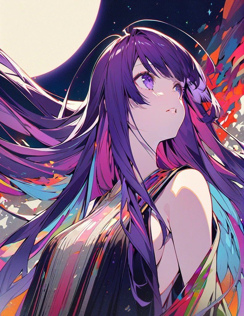 Profile of a brave purple-haired long-haired girl, side boob exposed Screentone processing Looking up at the moon Shaded painting style Abstract Painting Colorful Processing