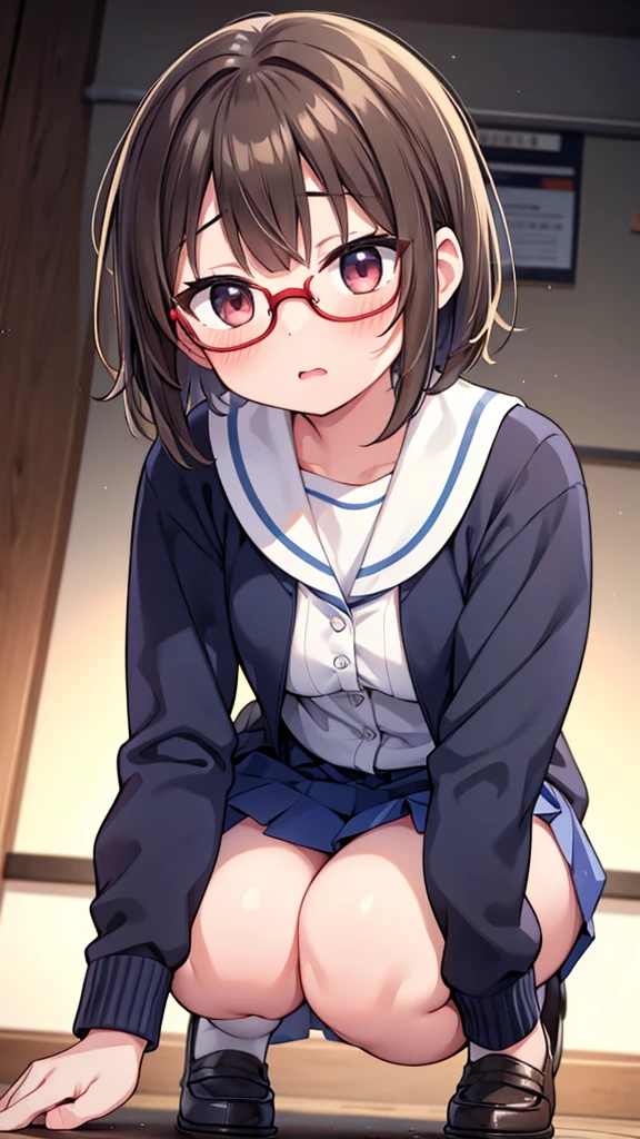 A cute girl in a , short brown hair, squatting down and looking shy, steam rising around her, photographed from below, 1girl, very short hair, white blouse, navy blue skirt, navy blue socks, brown loafers, white panties visible, red framed glasses, nichijou style, best quality, 4k, 8k, highres, masterpiece:1.2, ultra-detailed, realistic, photorealistic, photo-realistic:1.37, HDR, UHD, studio lighting, ultra-fine painting, sharp focus, physically-based rendering, extreme detail description, professional, vivid colors, bokeh、in a state of arousal and trembling with sexual climax,simple illustration style, in a nichijou (everyday life) setting
