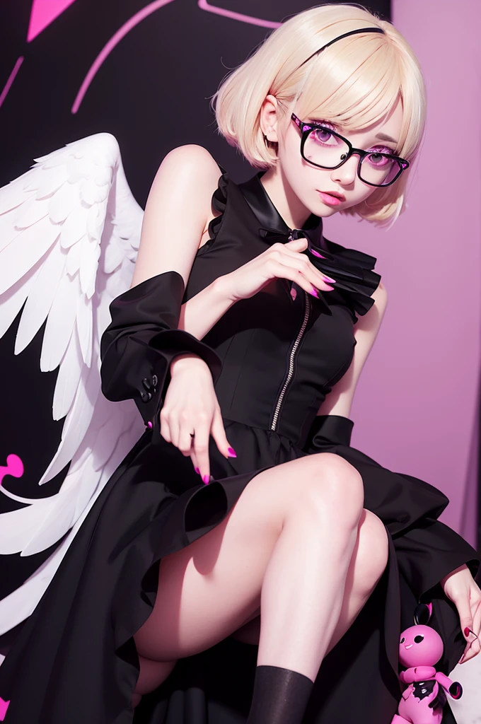 Angel girl with short medium blonde hair, pink eyes, glasses, black dress with BTS logo, with animation style of Hazbin Hotel