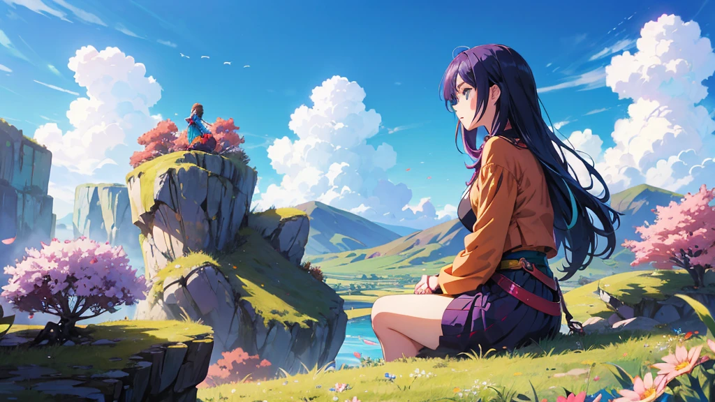 anime-style illustration, The image shows a young woman sitting on the grass watching overlooks the vast expanse of clear blue sky, flower colorful color blue red green purple yellow, fantasy world medieval, rocks, vibrant style, Vibrant colors