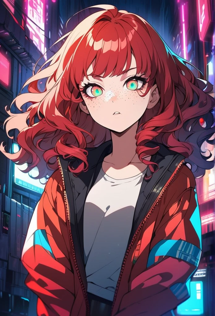 A  girl, red hair, curly hair, ray eyes, jacket, cyberpunk background, anime style, freckles