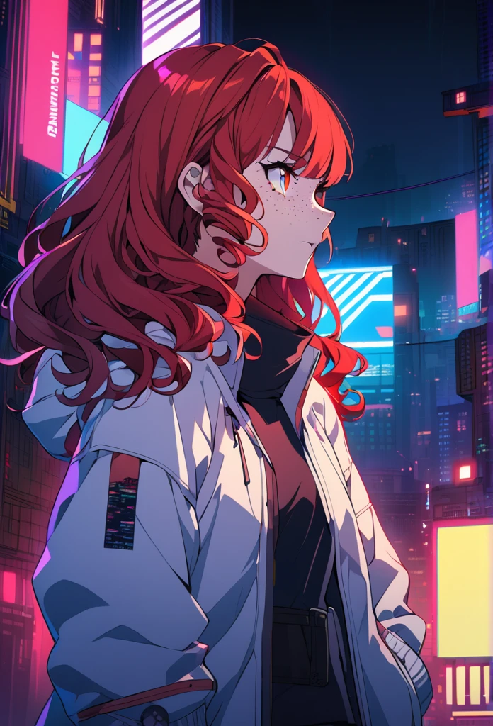A girl, red hair, curly hair, ray eyes, jacket, cyberpunk background, anime style, freckles