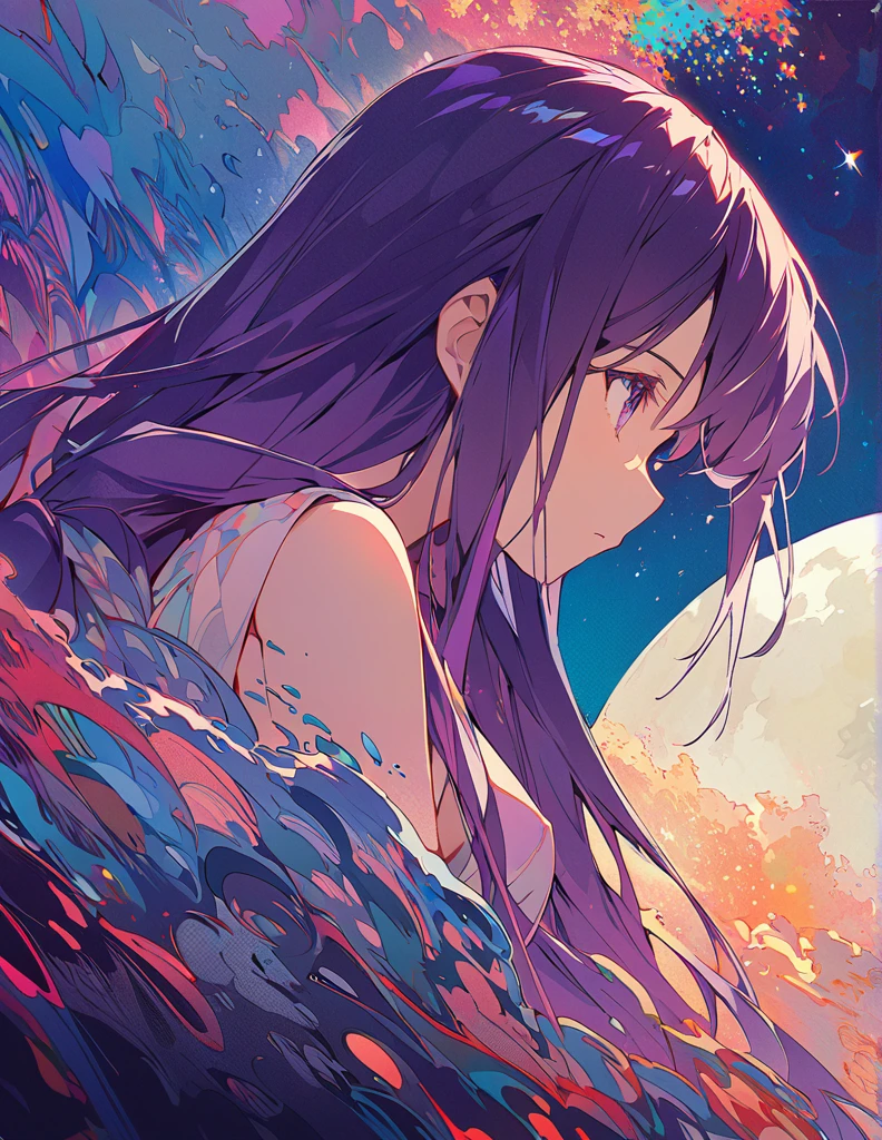 Profile of a brave purple-haired long-haired girl, side boob exposed　Screentone processing　Looking up at the moon　Shaded painting style　Abstract Painting　Colorful Processing