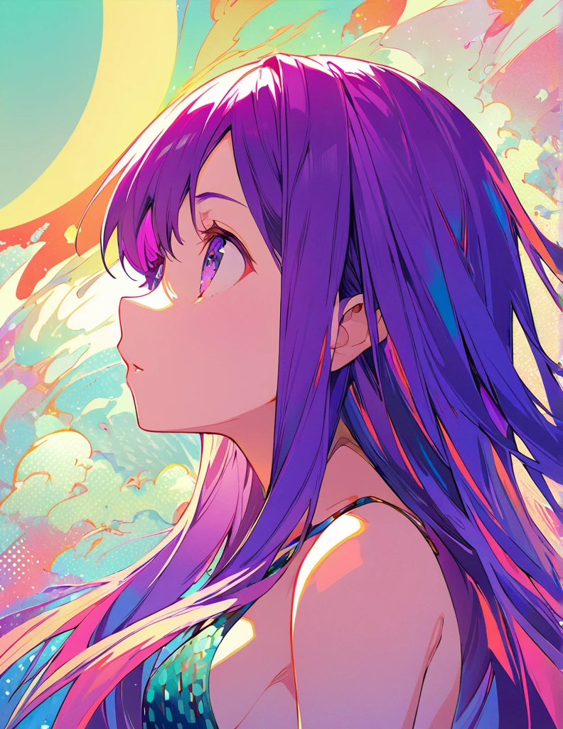 Profile of a brave purple-haired long-haired girl, side boob exposed Screentone processing Looking up at the moon Shaded painting style Abstract Painting Colorful Processing