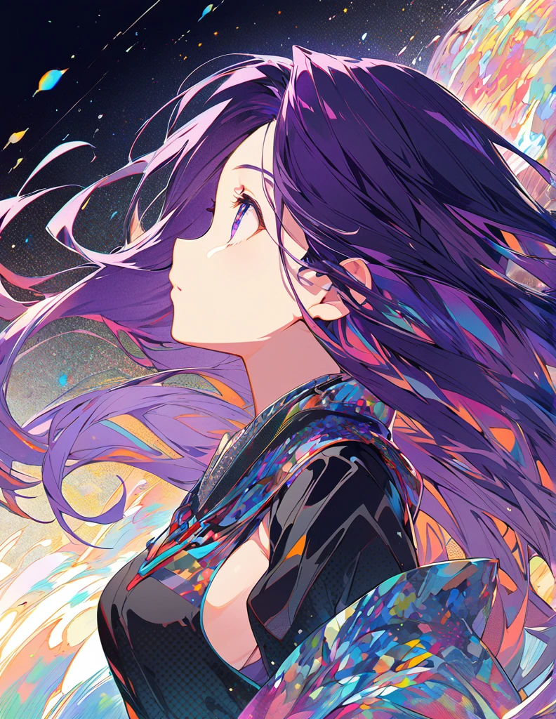 Profile of a brave purple-haired long-haired girl, side boob exposed　Screentone processing　Looking up at the moon　Shaded painting style　Abstract Painting　Colorful Processing