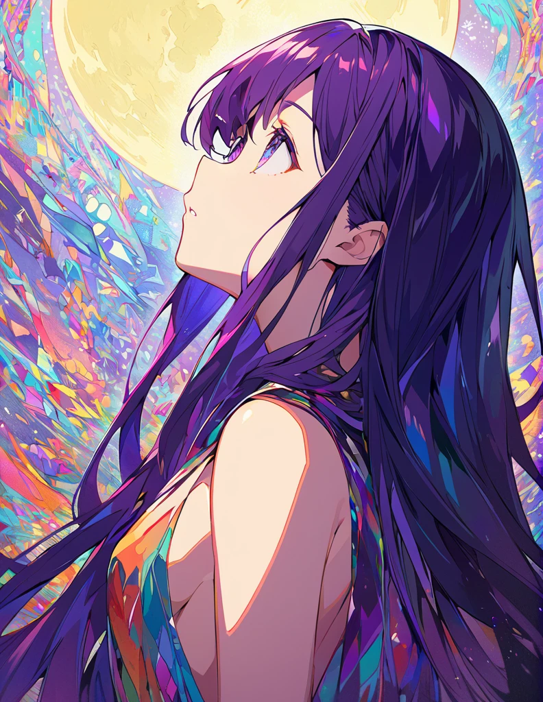 Profile of a brave purple-haired long-haired girl, side boob exposed Screentone processing Looking up at the moon Shaded painting style Abstract Painting Colorful Processing