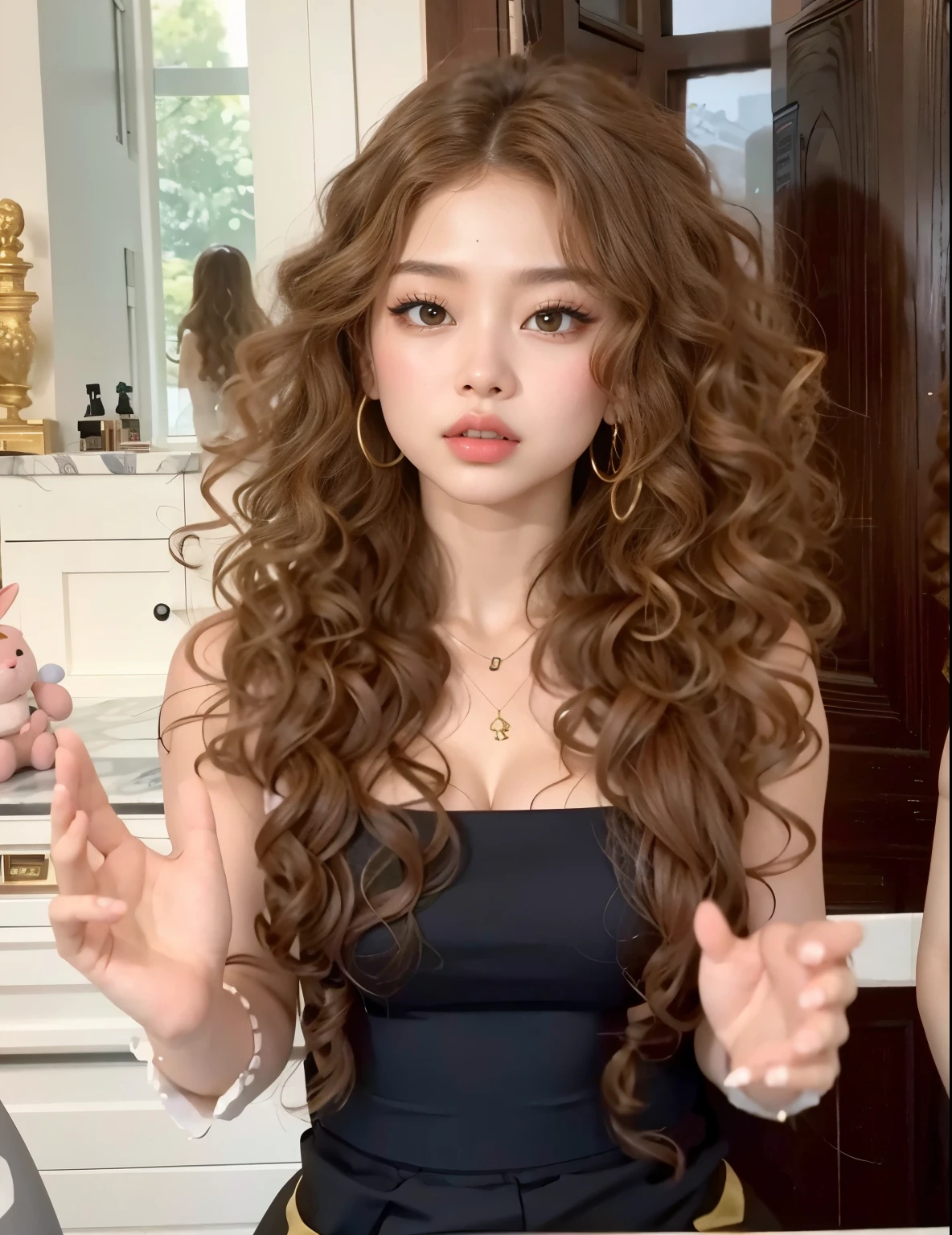 (8k, RAW photo, best quality, masterpiece), (realistic, photo-realistic), (best quality, masterpiece, intricate details:1.1), photorealistic, woman, SIGMA 50mm F1.4, (best quality, 4k, highres, masterpiece:1.2), ultra-detailed, Striped Jennie in beige dress, curly hair, Jennie, amoranto, sexy face, Good, cute face, 23 years old, black pink Jennie, big lips, Bambi style eyes, doll figure