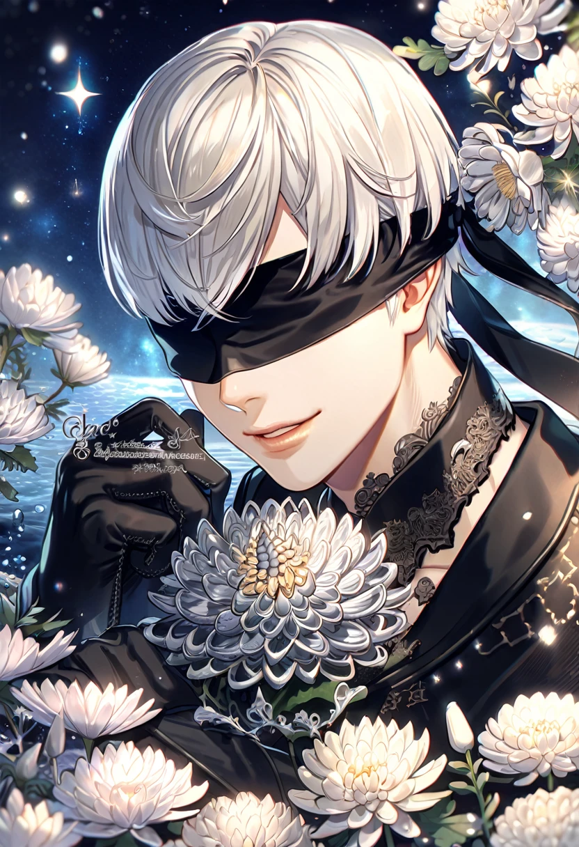 absurdres, highres, ultra detailed, HDR, master piece, best quality, extremely detailed, 9s, white hair, blindfolded, Nier Automata, solo, sexy man, handsome, smile, sensual, black clothes, black gloves, fantasy, water, sparkling, silver glittering fireflies, silver moon, silver blossoms, silver chrysanthemums, silver sparkling lights, starry sky, magical