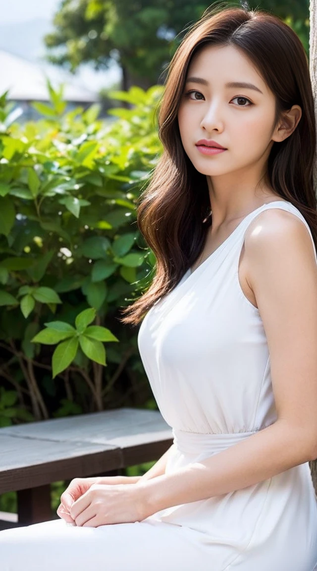 Dark brown hair、Light brown eyes、Japanese actress、 Lady、I am about 40 years old........、(Intricate details:1.2)、(Which is the top????????:1.4)、 (Ultra-high resolution:1.2)、Ultra-high resolution、(fine adjustment)、(Detailed facial features)、Hmph、8k resolution、D cup size breasts、Long Hair、1 girl, A look of deep sadness, (Very detailed美しい顔), (Relaxed Resort Dress:1.5), (Expose your shoulders:1.3), (Highest quality:1.4), (Very detailed)、Beautiful fair skin with transparency, A terrace restaurant like those in foreign countries、Parasol、colorful、sunlight、colorfulなソファ、Let's sit on the couch、With a relaxed look、Wide-angle shooting、Full body photo、Sandals、Beautiful legs、Sit on your knees on the couch、Turn your ass towards me、
