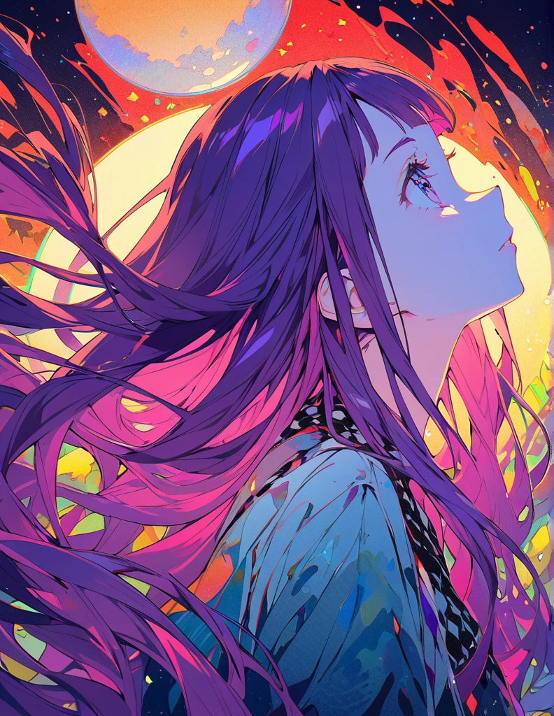 Profile of a brave purple-haired princess girl with long hair, exposed　Screentone processing　Looking up at the moon　Shaded painting style　Abstract Painting　Colorful Processing