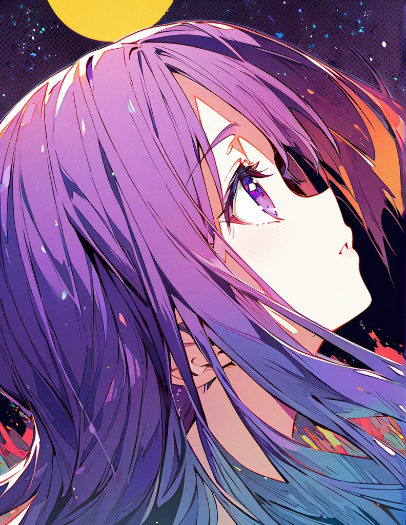 Profile of a brave purple-haired princess girl with long hair, exposed　Screentone processing　Looking up at the moon　Shaded painting style　Abstract Painting　Colorful Processing