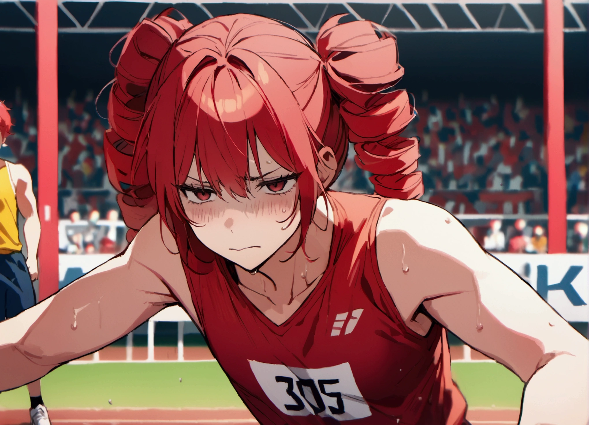 Red hair, athletics, tired face