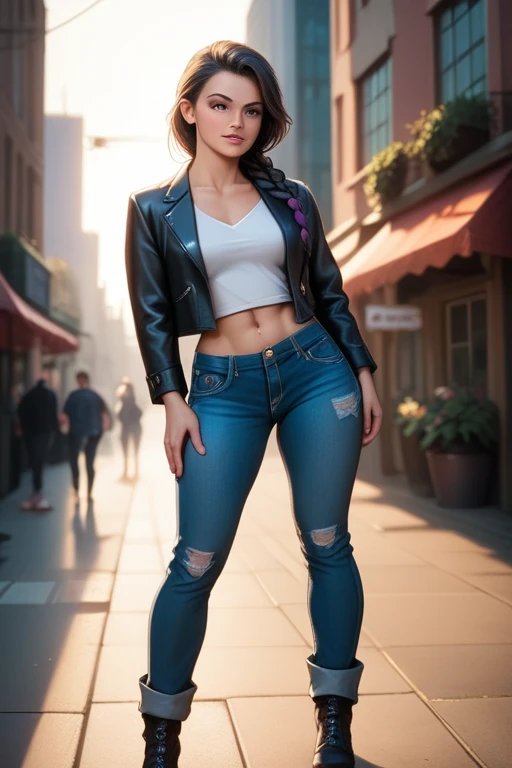 Woman with an athletic and toned physique; striking features with high cheekbones; green eyes; long, dark hair often styled in intricate braids; 'light olive' skin; best quality; trending on artstation; complex volumetric lighting; strong shadows; artistic lighting; dynamic; energetic vibe; realistic skin; specular highlights; micro-textures; highly detailed hair; posing confidently; leather jacket; gang leader; denim jeans; background is warehouses and the city dock