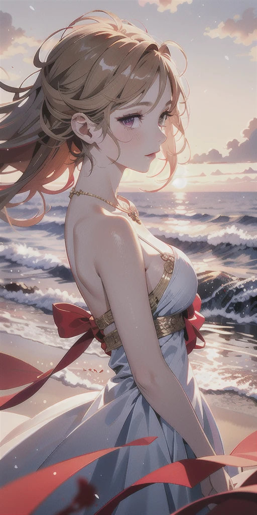 Highest quality, masterpiece, High resolution, One girl,Beautiful Face,Light red dress,Light Powder Gauze Dress,Ash gold hair, Purple Eyes,Delicate silver necklace,White clouds in the distance,Upper Body,Looking at the audience,Seaside
