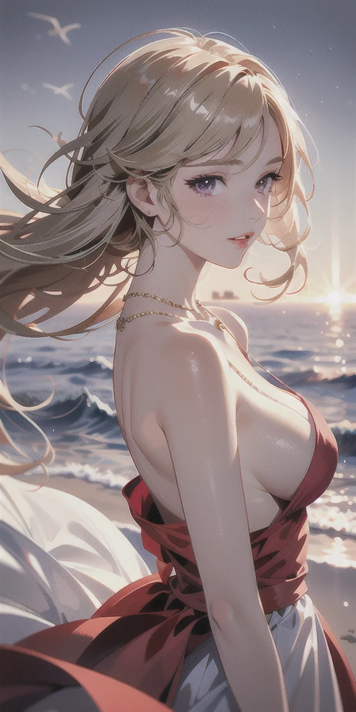 Highest quality, masterpiece, High resolution, One girl,Beautiful Face,Light red dress,Light Powder Gauze Dress,Ash gold hair, Purple Eyes,Delicate silver necklace,White clouds in the distance,Upper Body,Looking at the audience,Seaside