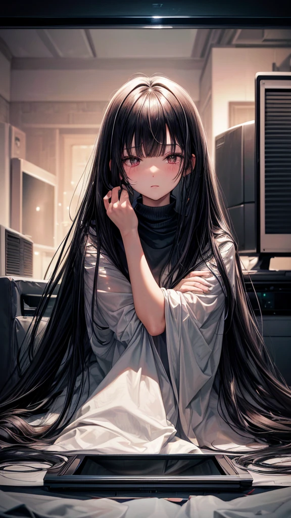 (masterpiece, highest quality, ultra high res, ultra detailed:1.3), 1 girl, slender body, (black hair:1.4), very long straight hair, white simple dress, (bangs covered her face, bangs covered her both eyes:1.4), closed eyes, (crawling out from the TV screen, The lower half of her body is buried in the TV screen:1.4), looking down that viewer can not see her face, bare head, 