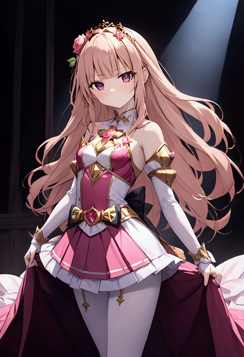 A lone magical girl with fair white skin stands in a high-definition, ultra high-definition bedroom. She possesses a slender frame and small breasts, her wavy, long rose gold hair flowing elegantly. Dressed in a rose gold, pink, and gold color magical girl outfit. she wears detached sleeves, a skirt with a black bow, and magenta eyes that reflect disdain. Adorned with a rose in her hair, she stands with a look of humiliation and defiance, gazing directly at the viewer.