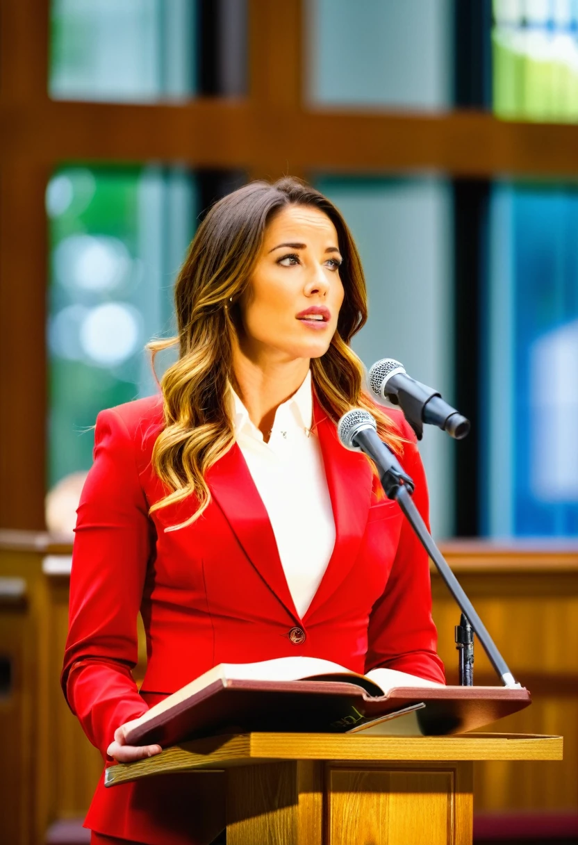 ((woman)), (30 year old), (long hair), (wearing reddish suit), (speech at a lectern), (bible on the pulpit), (modern protestant church background), (natural light), (photo realism), (hyper detailed), diffuse lighting, (((front view))), (Nikon D850 DSLR), ((long shot at 200mm f/1. 8 lens)), (Slightly blurred background with bokeh effect)