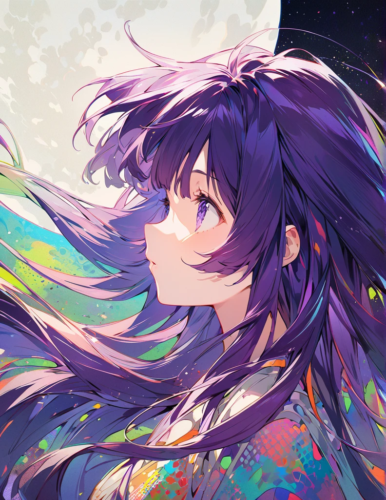 Profile of a brave purple-haired princess girl with long hair, exposed Screentone processing Looking up at the moon Shaded painting style Abstract Painting Colorful Processing
