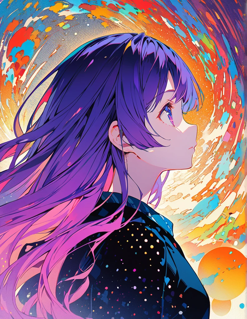 Profile of a brave purple-haired princess girl with long hair, exposed　Screentone processing　Looking up at the moon　Shaded painting style　Abstract Painting　Colorful Processing
