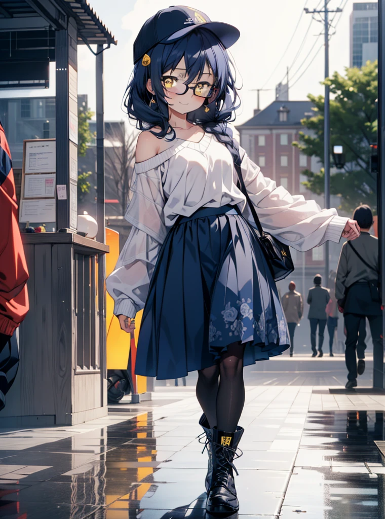 you like it, Umi Sonoda, Long Hair, Blue Hair, (Yellow Eyes:1.5) (Flat Chest:1.2),Blue one-shoulder sweater,Long skirt,Black Pantyhose,short boots,Baseball cap,Black-rimmed glasses,Long braids,smile,walk,morning,morning陽,The rising sun,On the way to school,whole bodyがイラストに入るように,
break looking at viewer,whole body,
break outdoors, station,
break (masterpiece:1.2), Highest quality, High resolution, unity 8k wallpaper, (shape:0.8), (Beautiful attention to detail:1.6), Highly detailed face, Perfect lighting, Extremely detailed CG, (Perfect hands, Perfect Anatomy),