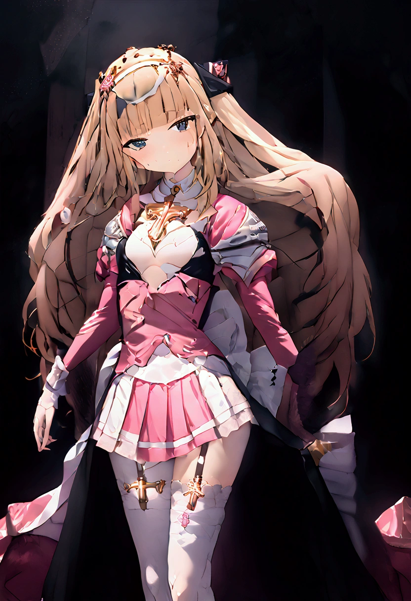A lone magical girl with fair white skin stands in a high-definition, ultra high-definition bedroom. She possesses a slender frame and small breasts, her wavy, long rose gold hair flowing elegantly. Dressed in a rose gold, pink, and gold color magical girl outfit. she wears detached sleeves, a skirt with a black bow, and magenta eyes that reflect disdain. Adorned with a rose in her hair, she stands with a look of humiliation and defiance, gazing directly at the viewer.