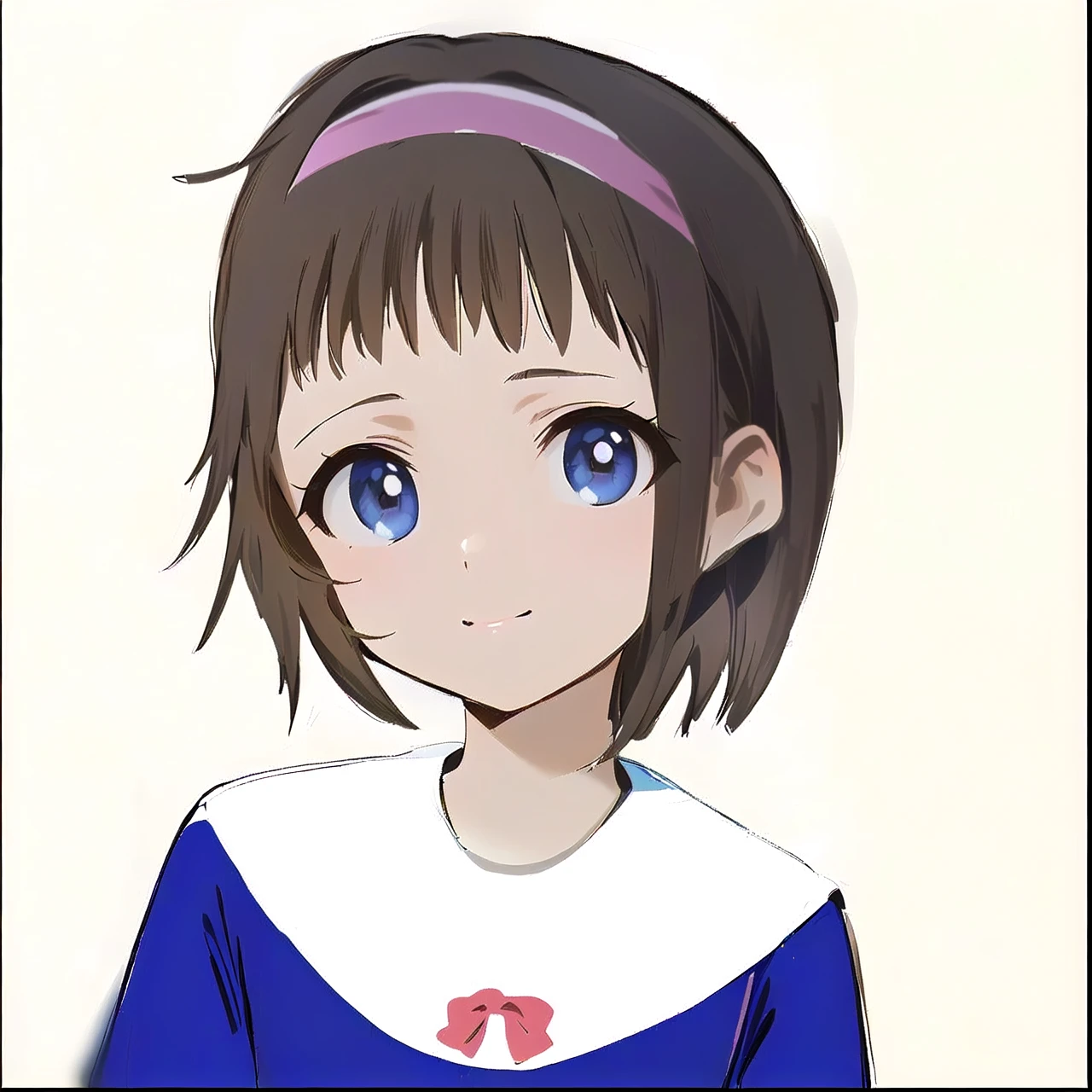 ((masterpiece)), ((Highest quality)), ((High resolution)), ((1girl)), alone, ((Cute girl)), ((A beautiful 14-year-old young girl)), ((She has a baby face and looks like an elementary school girl.)), (Beautifully detailed face), (bob cut), Pink headband, ((Brown Hair)), ((Blue clothes)), ((light smile)), (Cute female anime illustrations)