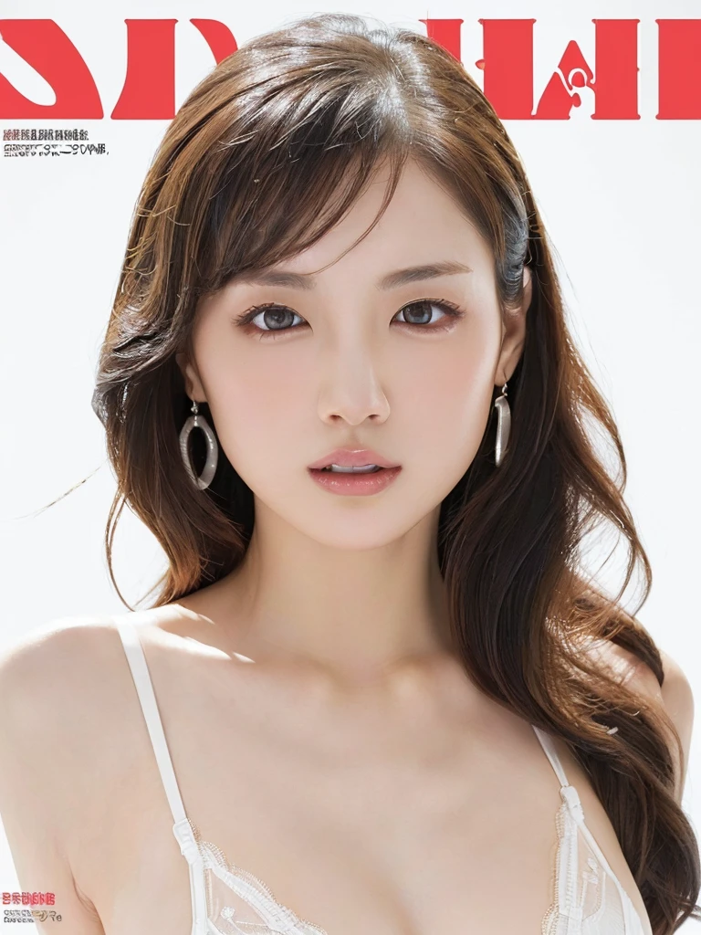 (((white background 2.0)))、High Key Portrait、Professional Lighting、(((Professional Lighting 1.5)))、Translucent skin texture、Beautiful Skin、Beautiful Skin、、(((Whitening 1.5)))、((Small white lace bra 1.5))、((See-through 1.5)))、(((Mid shot photo 1.5)))、Simple earrings and necklace、(((ファッションMagazine Cover 1.5)))、(((Magazine Cover 1.5)))、Brown Hair、(((Dynamic Pose 1.5)))、Slim figure、(((ほのかに漂うSex Appeal1.4)))、(((Sex Appeal、sexy、Ecstasy)))、Sauce eyes face、
