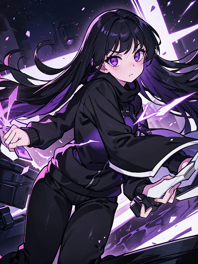 A 14 year old girl, Named: Robin, with long black hair, purple eyes, and white skin tone, has an emo personality, likes dark things and horror things, Wearing a black sweatshirt, and black pants.
