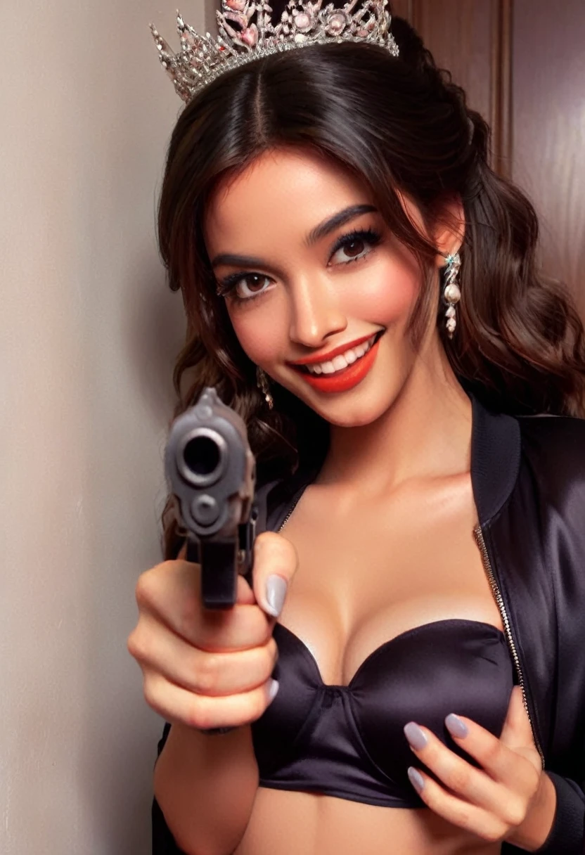 Half body photo, 1 beautiful Latina girl; coy smile, (black satin bomber jacket); one hand is holding a pistol the other hand is empty, satin skirt,fishnet stockings, long hair,wearing jewelry, natural makeup, extremely detailed eyes and face, lovely smile, delicate blush, sensuous lips, intricate facial details, perfect skin, flawless skin texture perfect, ; standing in a long hallway with many doors, evening lighting,, , subtle , dreamy, luxurious atmosphere, low lighting; Super high quality, surreal, 8K, high resolution, masterpiece, detailed, extremely magical, professional cinematic lighting, , ; Fine brushstrokes,ethereal vibe,mesmerizing gaze,dreamy atmosphere,blending elegance,subtle color gradients,,understated beauty. In the background several men lay unconscious on the hallway floor