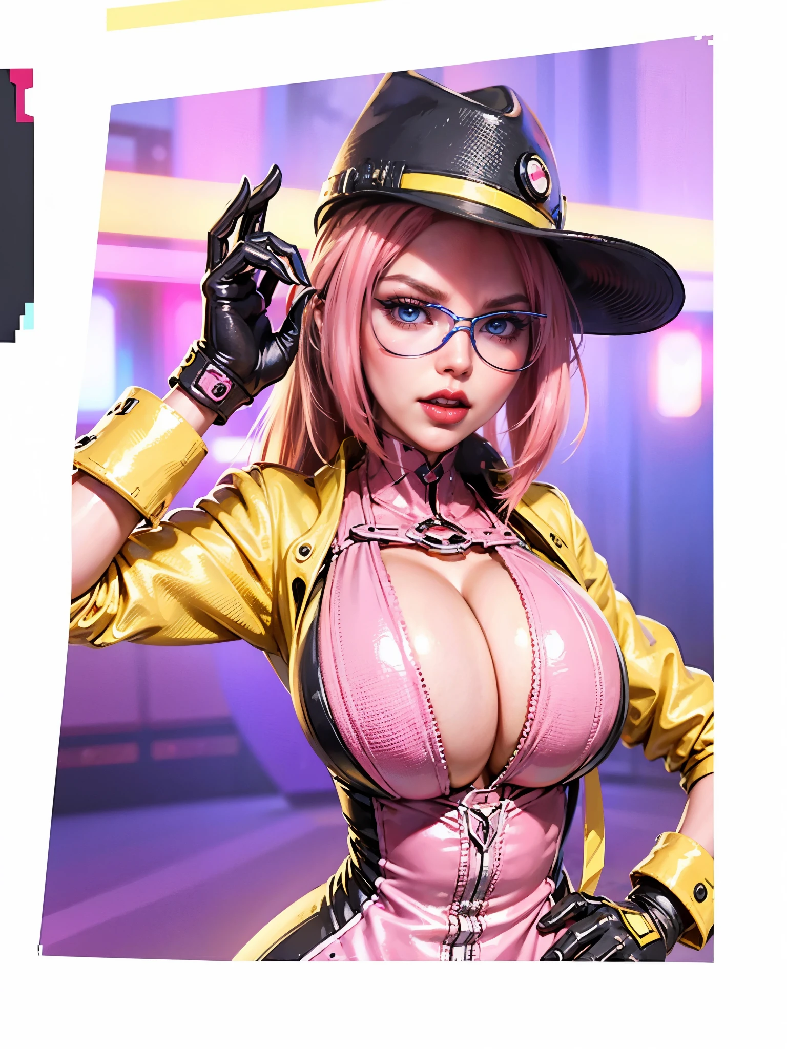 a close up of a person wearing a hat and glasses, fashion gameplay screenshot, glitchpunk girl, stylized digital art, in a cyber - punk ally, stylized digital illustration, neonpunk, pink iconic character, as a retro futuristic heroine, cyber universe style, background artwork, cyber style, hero pose colorful city lighting, in style of digital illustration, (huge breasts:1.3)