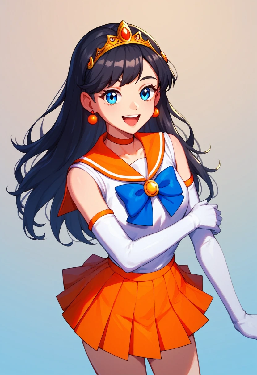 score_9, score_8_up, score_7_up,score_6_up, score_5_up, score_4_up , 1girl, solo, aavenus, long hair, blonde hair, hair bow, tiara, earrings, blue eyes, orange choker, orange sailor collar, blue bow, white shirt, elbow gloves, white gloves, pleated skirt, orange skirt, bare legs, aamars, long hair, black hair, tiara, earrings, red choker, red sailor collar, purple bowtie, white shirt, elbow gloves, white gloves, pleated skirt, red skirt, bare legs, happy, cowboy shot, simple background