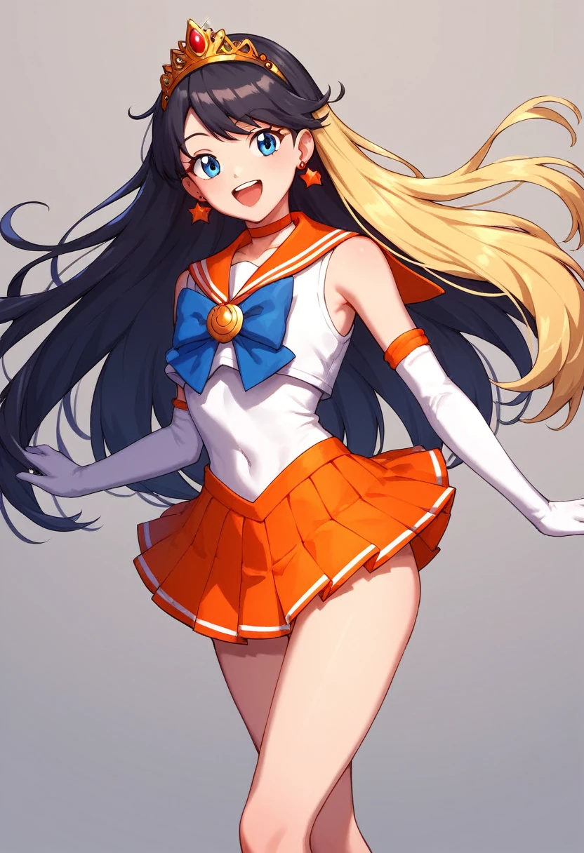 score_9, score_8_up, score_7_up,score_6_up, score_5_up, score_4_up , 1girl, solo, aavenus, long hair, blonde hair, hair bow, tiara, earrings, blue eyes, orange choker, orange sailor collar, blue bow, white shirt, elbow gloves, white gloves, pleated skirt, orange skirt, bare legs, aamars, long hair, black hair, tiara, earrings, red choker, red sailor collar, purple bowtie, white shirt, elbow gloves, white gloves, pleated skirt, red skirt, bare legs, happy, cowboy shot, simple background