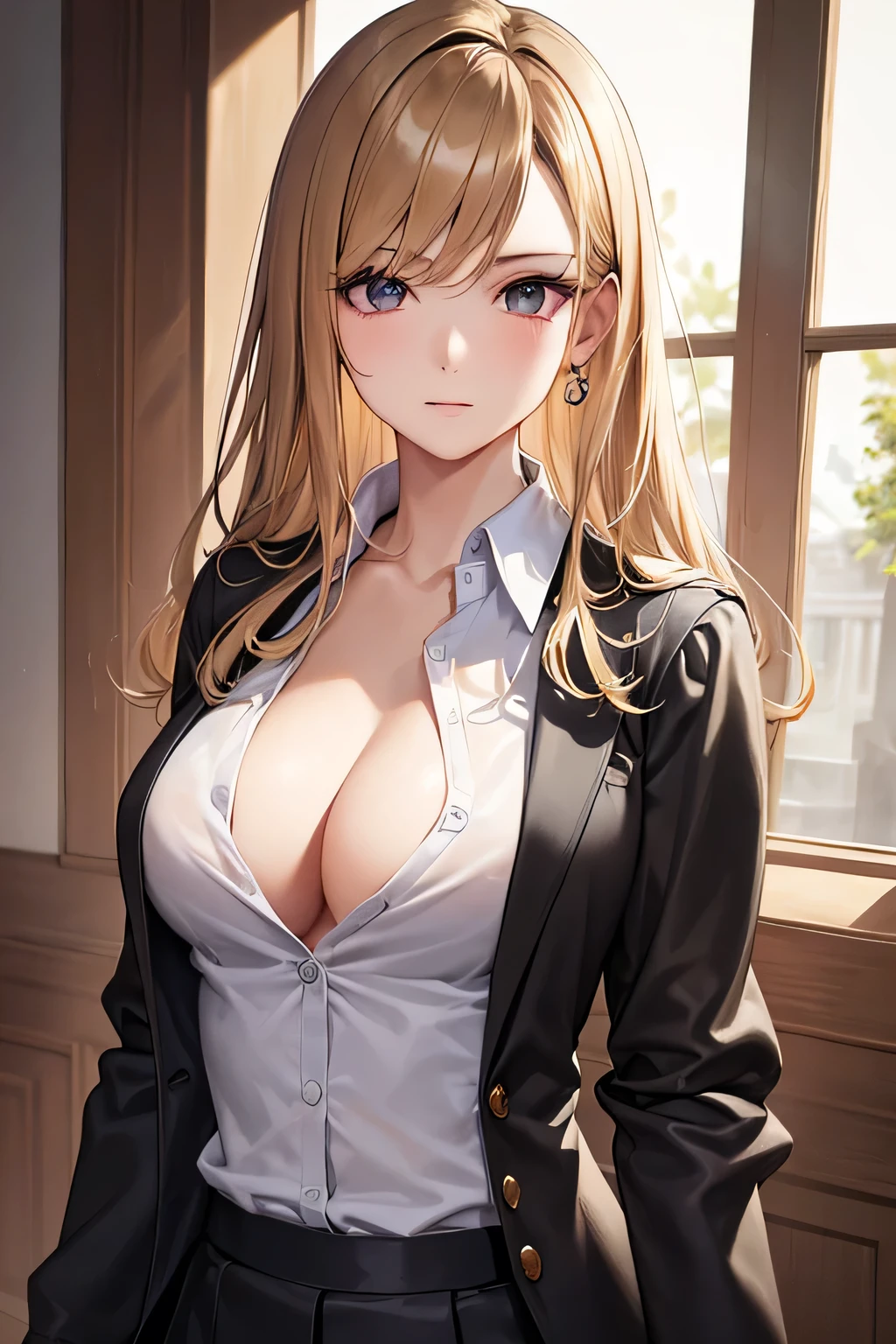 masterpiece, top quality, super detailed, high resolution, (ink painting style), excellent anatomy, beautiful 1 woman, button-down shirt, black skirt, school, dark brown hair, chest, (blonde:1.2), view your viewers, (highly detailed face:1.1), (pure eros face v1:0.8), best light, best shadow, mysterious, perfect face, highly detailed,