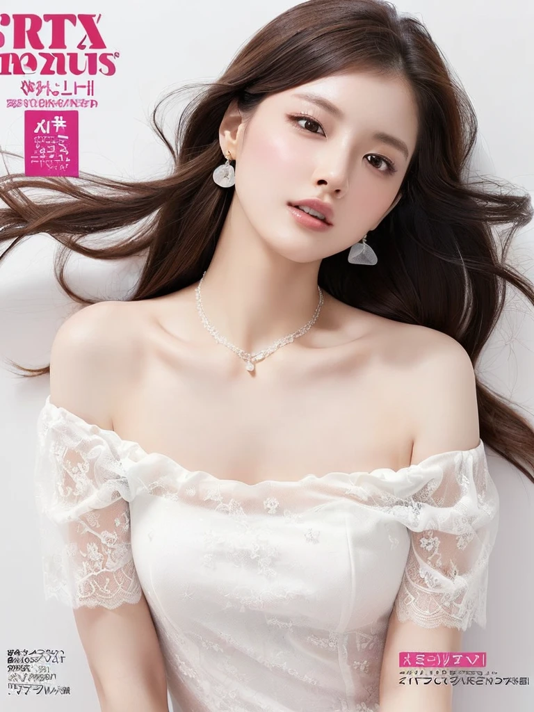 (((white background 2.0)))、High Key Portrait、Professional Lighting、(((Professional Lighting 1.5)))、Translucent skin texture、Beautiful Skin、Beautiful Skin、、(((Whitening 1.5)))、((White lace off-shoulder dress 1.5))、((See-through 1.5)))、(((Mid shot photo 1.5)))、Simple earrings and necklace、(((ファッションMagazine Cover 1.5)))、(((Magazine Cover 1.5)))、Brown Hair、(((Dynamic Pose 1.5)))、Slim figure、(((ほのかに漂うSex Appeal1.4)))、(((Sex Appeal、sexy、Ecstasy)))、