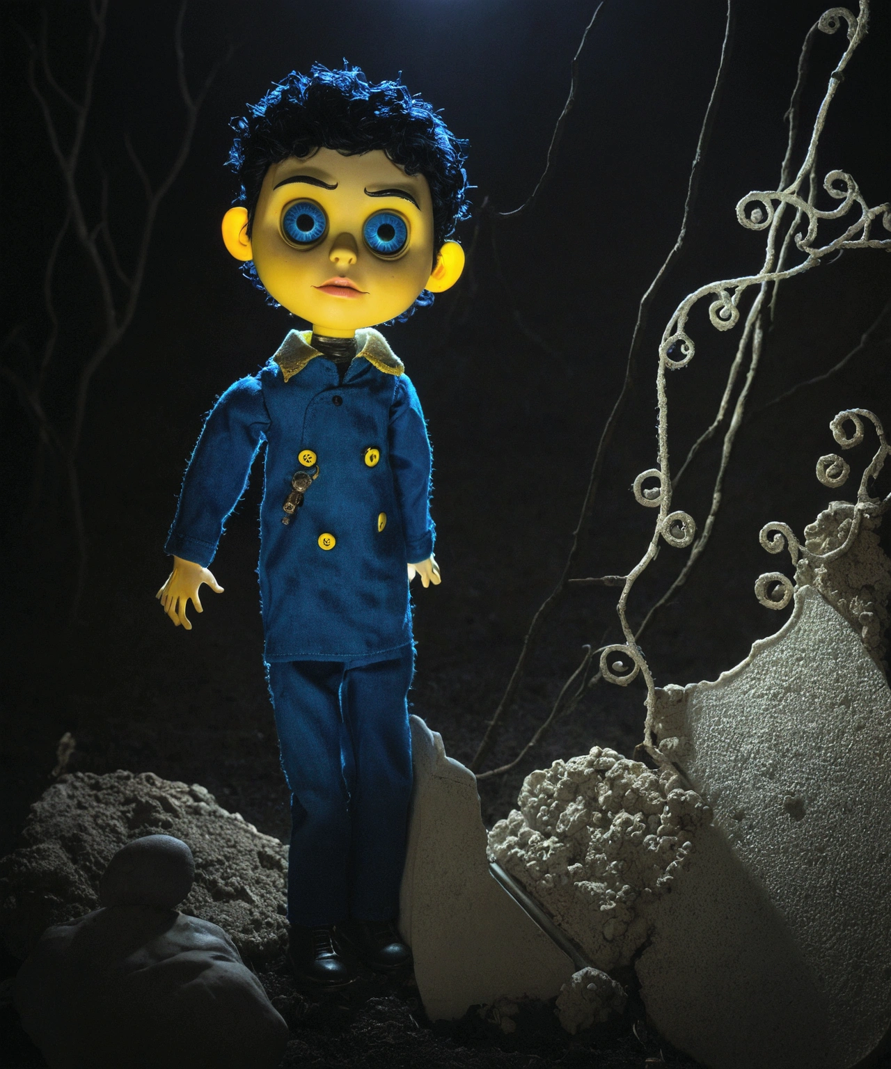 Man doll based on the “Coraline” movie. He has buttons for his eyes. He has curly black hair. Your lips are full and brown. Your skin is white. he's in a cemetery, looks like a scene from a horror movie, There is a pole with blue and yellow neon lights,