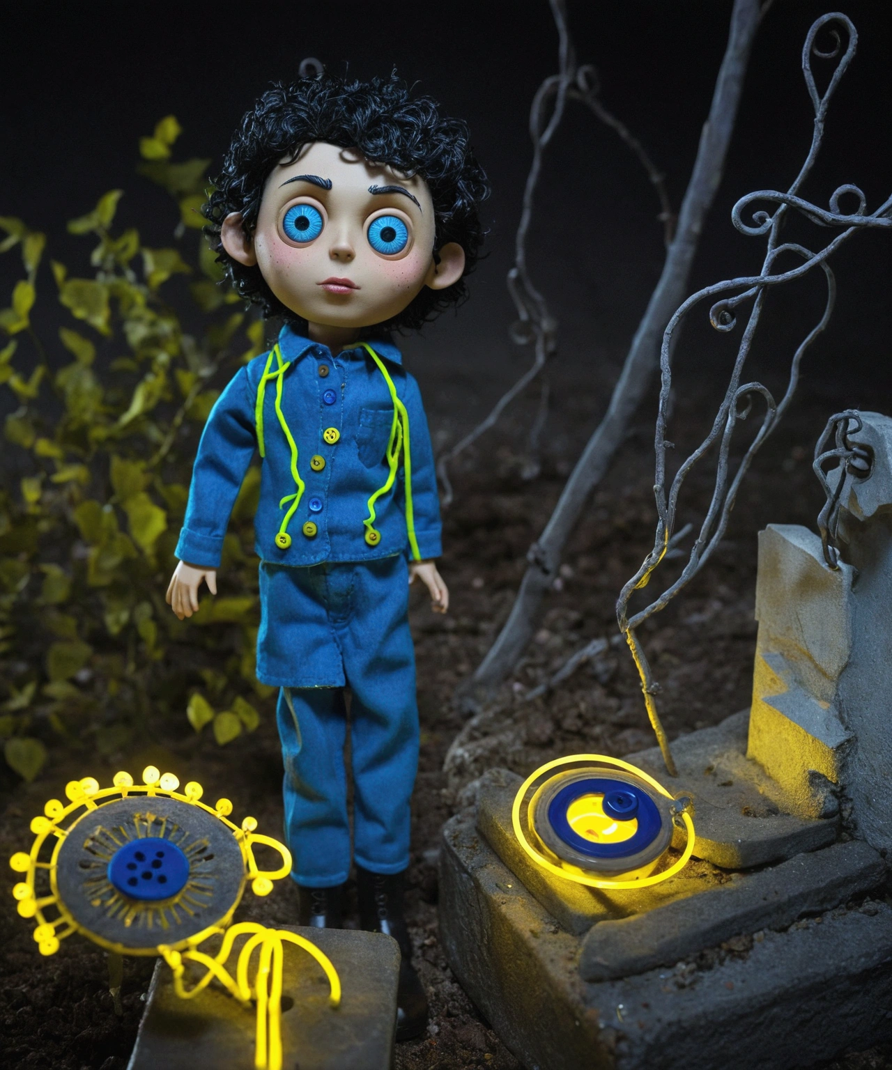 Man doll based on the “Coraline” movie. He has buttons for his eyes. He has curly black hair. Your lips are full and brown. Your skin is white. he's in a cemetery, looks like a scene from a horror movie, There is a pole with blue and yellow neon lights, 